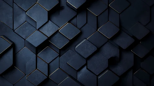 Dark geometric cubes with gold trim in layered pattern.