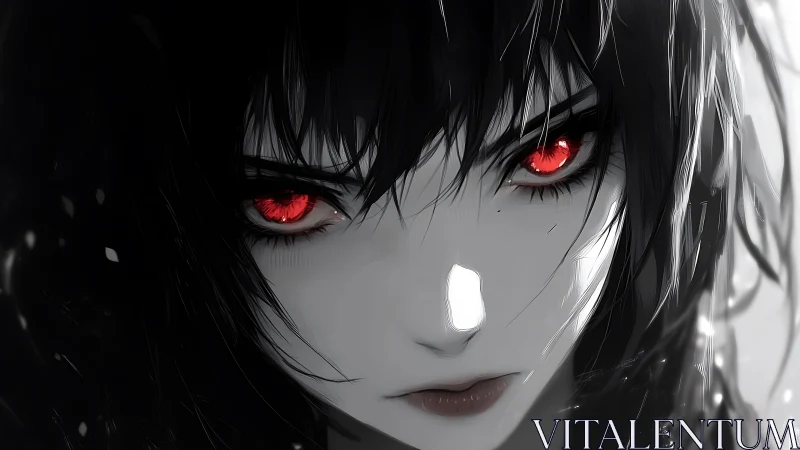 Monochrome anime portrait isolates face with intense red eyes