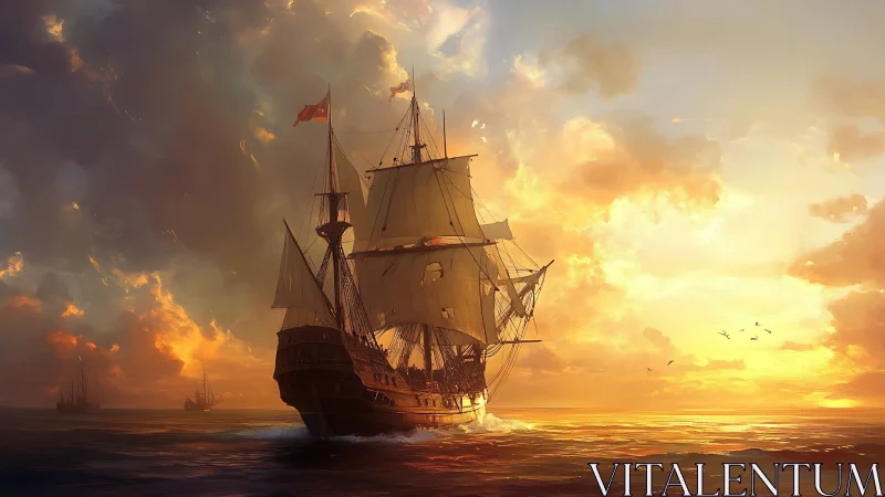 Galleon under dynamic sunset sky with volumetric lighting gradients