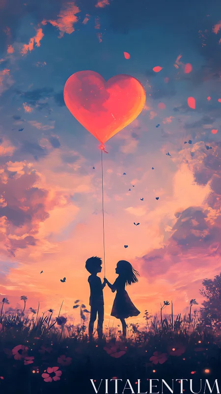 Luminous Heart-Shaped Balloon Above Silhouetted Figures in Sunset Field