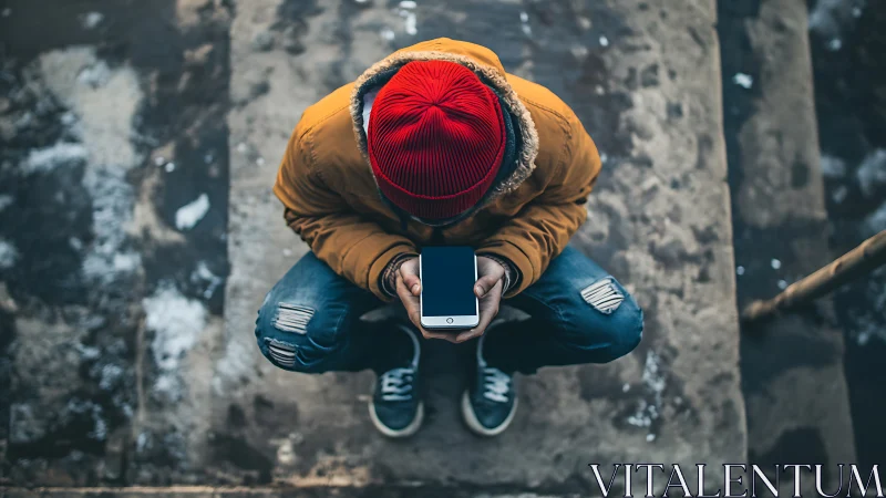 Elevated perspective of person in cardinal red knit cap with mobile device