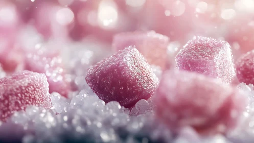 Pink sugar candy cubes in dreamy macro light.
