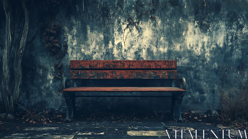 Photorealistic abandoned bench against weathered garden wall.