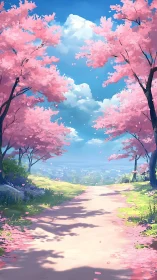 Cherry blossom path leads toward distant sunlit town