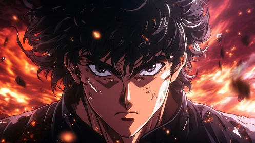 Fierce anime hero stands strong against a blazing storm