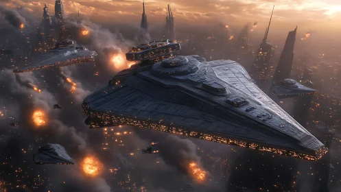 Majestic star cruisers gliding over a burning cityscape.