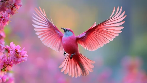 Vibrant pink bird in flight near cherry blossoms, digital art style.