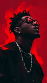 Chromatic portrait of upward gaze in saturated red field.