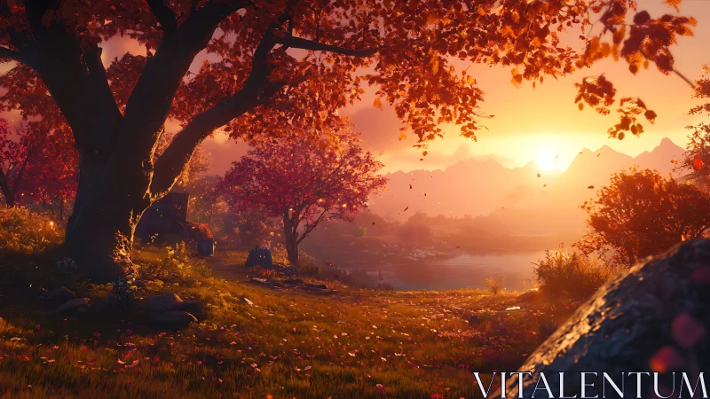 Golden autumn sunset over a peaceful lakeside meadow.