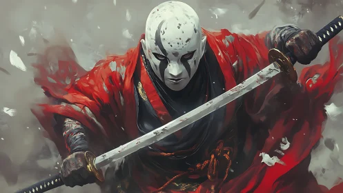 Masked dual-wield samurai in dynamic mid-charge perspective