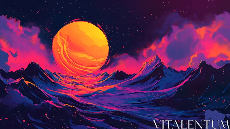 Solar tide rolls through neon mountains at cosmic dusk