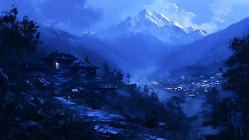 Mountain village glows under tranquil blue moonlit sky.