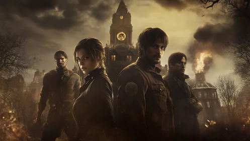 Storm-battered survivors confront burning gothic clocktower.