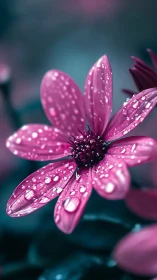 Macro view pink daisy petals with glistening raindrops.