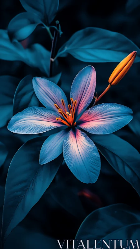 Blue Flower with Orange Stamens and Bud Against Dark Background