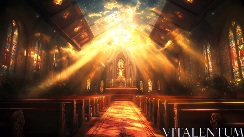 Sunlit cathedral aisle melts into a river of glowing prayer