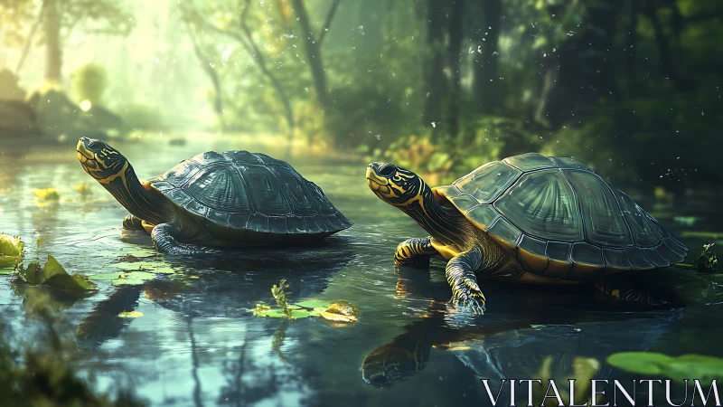 Sunlit forest turtles sharing a peaceful morning pause.