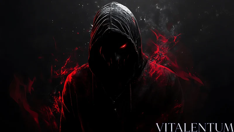 Hooded shadow figure shows glowing red eyes in darkness