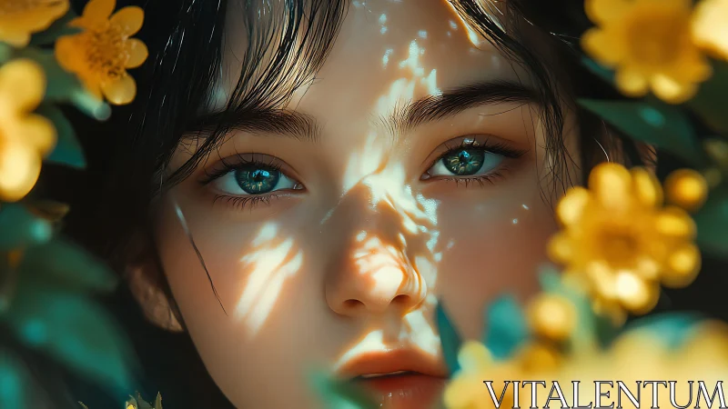 Close portrait of female face framed by yellow flowers.