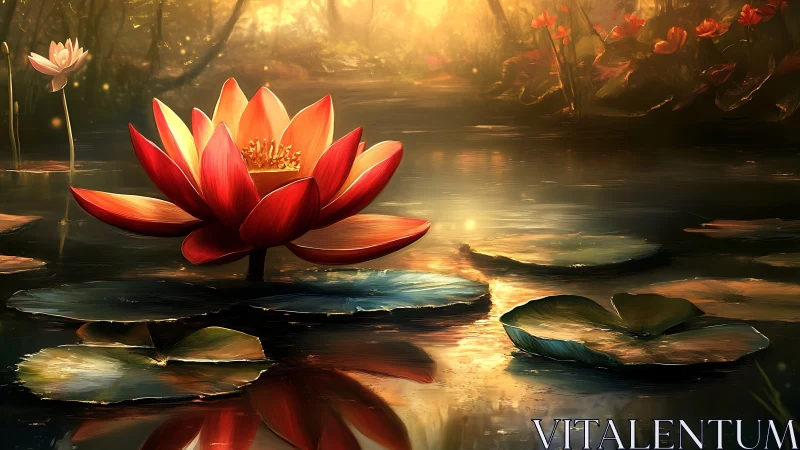 Luminous red lotus over reflective pond in warm dusk light.