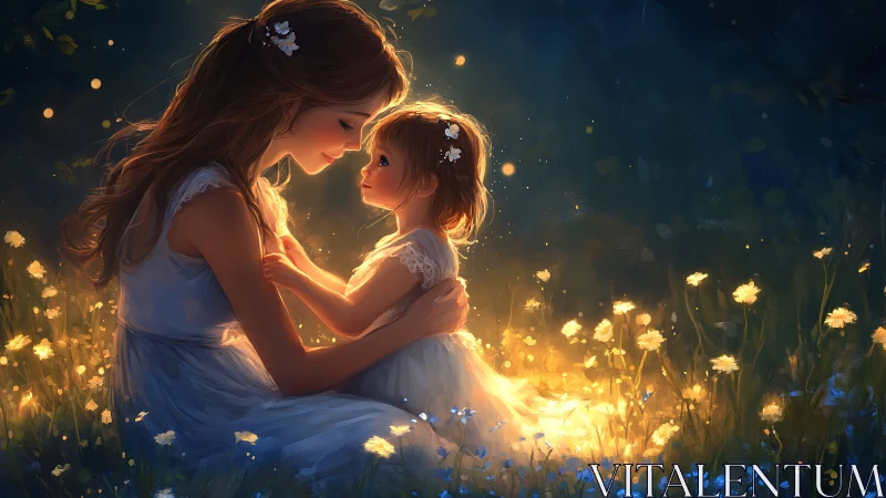 Luminous Embrace: Mother and Daughter Bathed in Enchanted Glow.