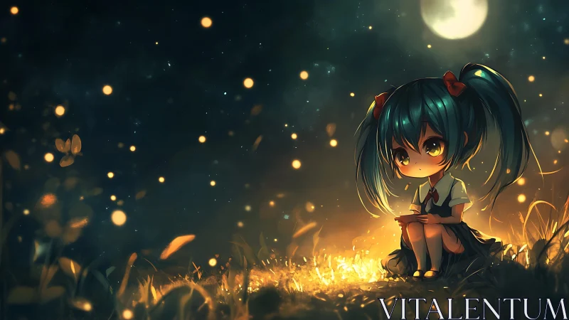 Chibi girl sits in firefly-lit grass beneath a full moon