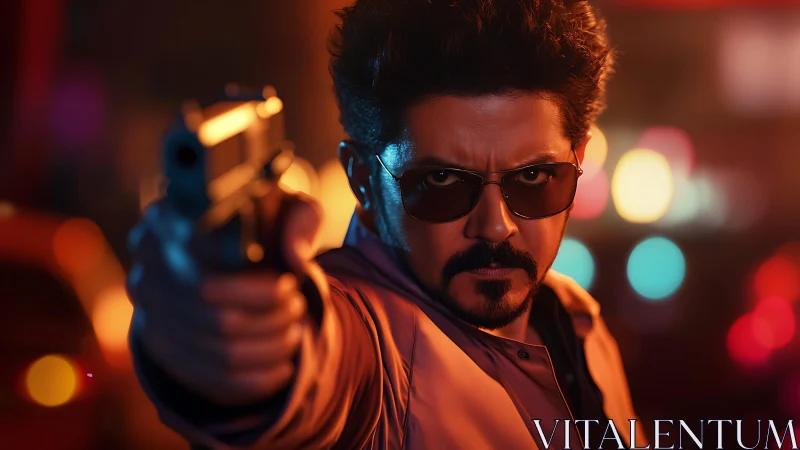 Man in sunglasses aiming handgun in neon city setting.