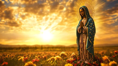 Golden hour Marian statue in sunlit wildflower meadow landscape