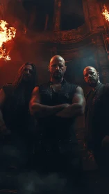 Metal band stands beneath burning arches in smoky gloom