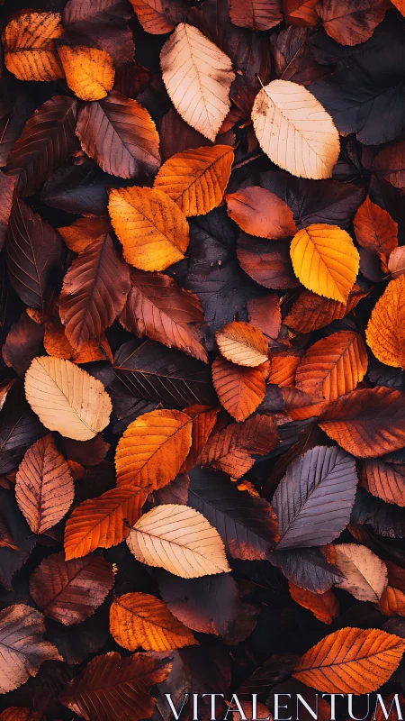 Dry autumn leaves form dense layered orange brown carpet