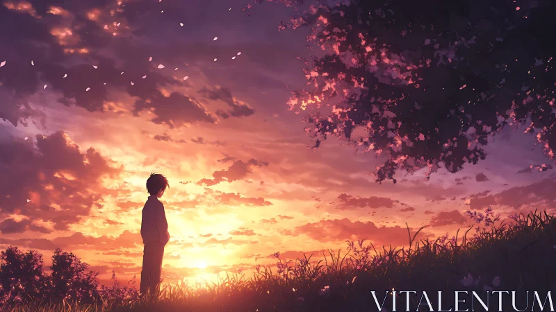 Solitary boy under glowing sunset sky and drifting petals