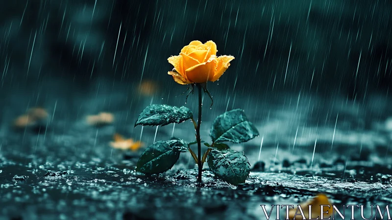 Yellow Rose Blooming Through Storm Rain.