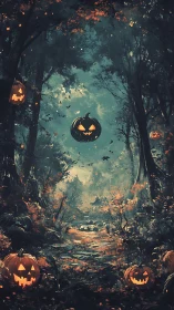 Halloween jack-o-lanterns in dense forest pathway at dusk.