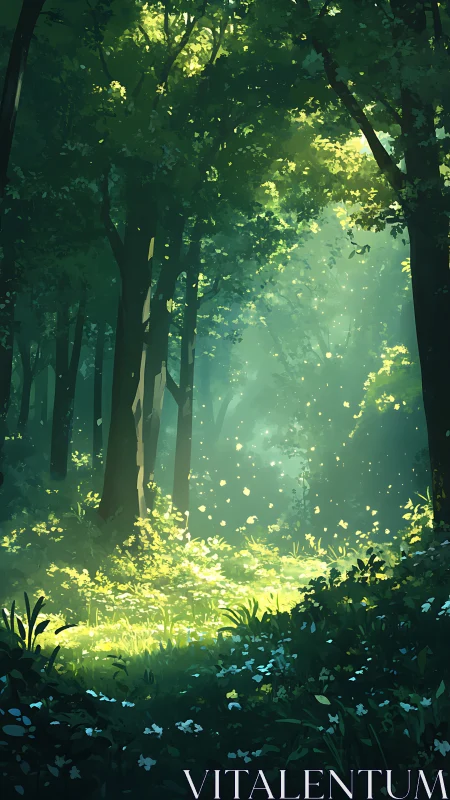 Enchanted Forest Glows Through Cascading Golden Sunlight.