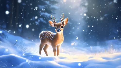 Snow-lit fawn stands in luminous winter forest clearing