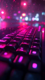 Neon backlit keyboard under cyberpunk pink bokeh glow.