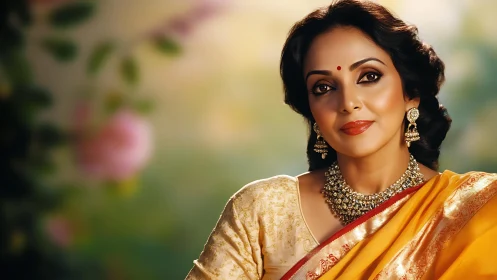 Elegant woman in golden sari smiles in soft garden light