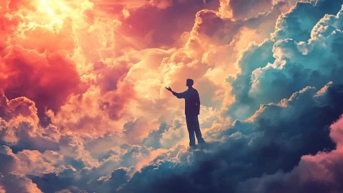 Silhouette man stands on colorful clouds under radiant sky