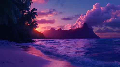 Tropical Sunset Paradise Over Island Mountains.