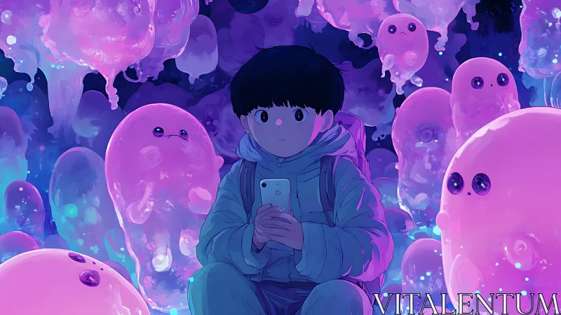 Boy with phone surrounded by glowing jelly spirits at night.
