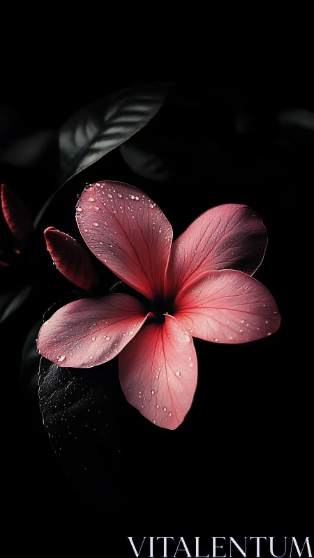 Pink Flower with Dew Drops Against Dark Background.