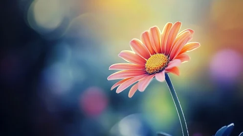 Coral Gerbera Daisy Against Soft Bokeh Background.