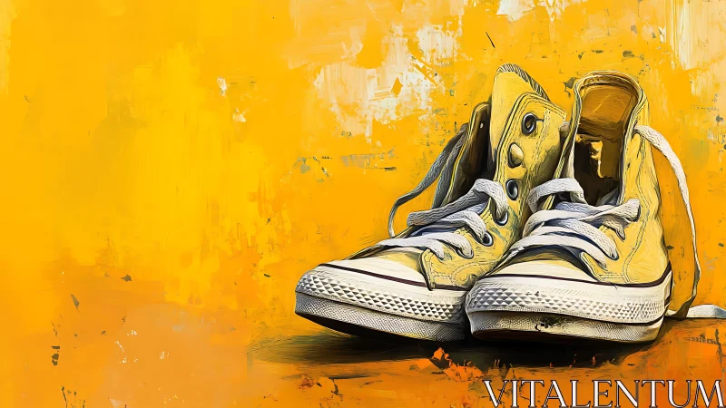 Worn yellow canvas sneakers against textured yellow ground.