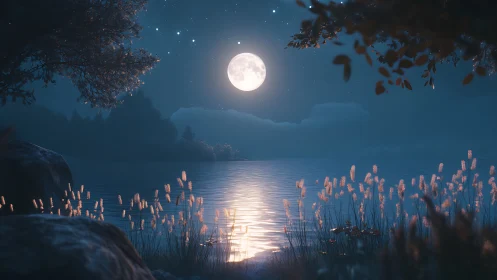 Digital moonlit lakeside landscape with reflective symmetry.