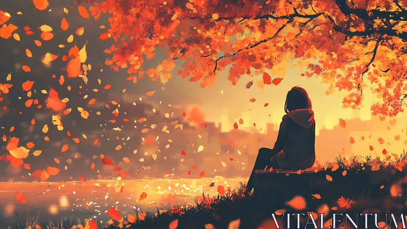 Solitary figure under ember-hued autumn canopy at dusk.