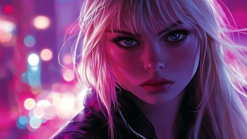 Neon-lit cyberpunk portrait renders a reflective blonde vigilante