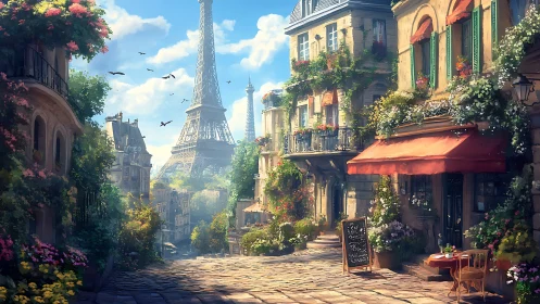Sunlit Parisian street frames Eiffel Tower in romantic bloom