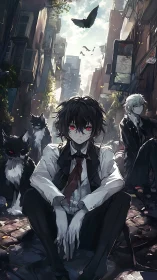 Red-eyed urban sitters with spectral cats in derelict alley.