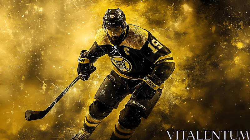 Dynamic hockey captain charging through golden energy.