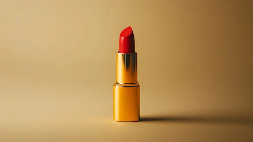 Red lipstick stands upright in golden minimalist studio.